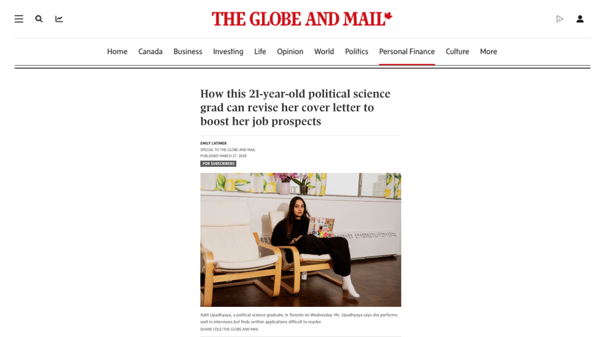 Talking cover letters with the G&M: "How this 21-year-old political science grad can revise her cover letter to boost her job prospects" by Emily Latimer, published on March 27, 2026.