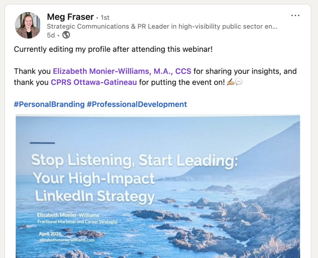 Meg Fraser's thank you to Elizabeth Monier-Williams for speaking about LInkedIn best practices at CPRS Ottawa-Gatineau's April meeting. 